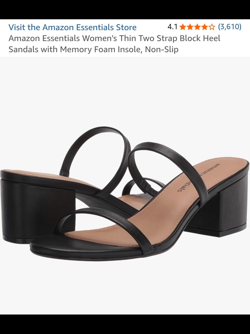 Amazon Essentials Women's Black Two-Strap Block Heel Sandals